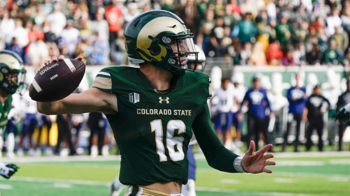 Nov 18, 2023; Fort Collins, Colorado, USA;  Colorado State Rams quarterback Brayden Fowler-Nicolosi (16) looks for and open receiver in the second quarter at Sonny Lubick Field at Canvas Stadium. Mandatory Credit: Michael Madrid-USA TODAY Sports