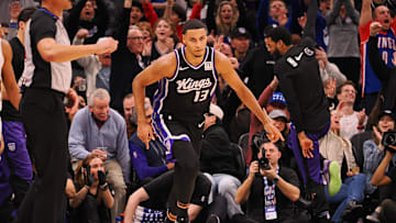 Feb 8, 2025; Sacramento, California, USA; Sacramento Kings forward Keegan Murray (13) after a three point basket against the New Orleans Pelicans during the third quarter at Golden 1 Center. Mandatory Credit: Kelley L Cox-Imagn Images