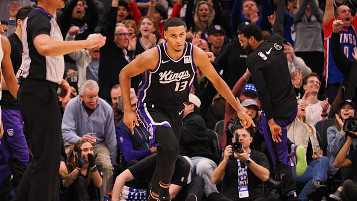Feb 8, 2025; Sacramento, California, USA; Sacramento Kings forward Keegan Murray (13) after a three point basket against the New Orleans Pelicans during the third quarter at Golden 1 Center. Mandatory Credit: Kelley L Cox-Imagn Images