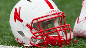 Nov 15, 2014; Madison, WI, USA; A Nebraska Cornhuskers helmet sits on the field during warmups prior to the game against the Wisconsin Badgers at Camp Randall Stadium.  Wisconsin won 59-24.  Mandatory Credit: Jeff Hanisch-Imagn Images