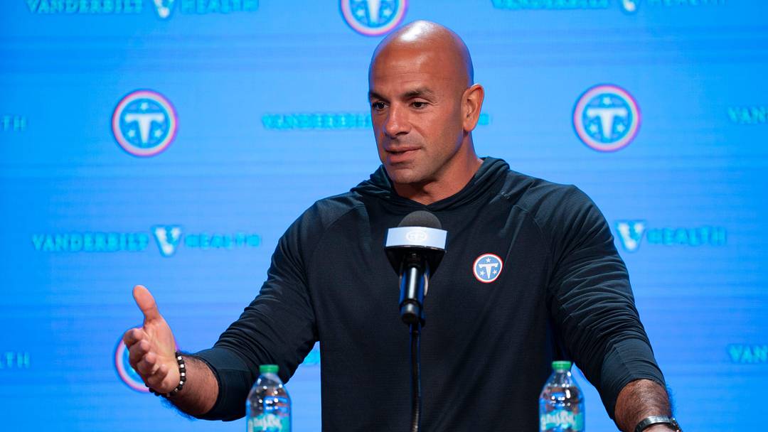 Tennessee Titans coach Robert Saleh speaks with the media before the Titans Rookie Camp Day 1 at Vanderbilt Health Football Center in Nashville, Tenn., Friday, May 1, 2026.