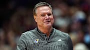 Nov 19, 2024; Lawrence, Kansas, USA; Kansas Jayhawks head coach Bill Self reacts during the second half against the North Carolina-Wilmington Seahawks at Allen Fieldhouse. Mandatory Credit: Jay Biggerstaff-Imagn Images