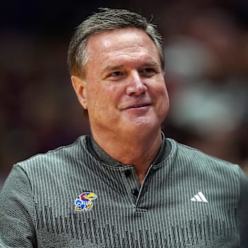 Nov 19, 2024; Lawrence, Kansas, USA; Kansas Jayhawks head coach Bill Self reacts during the second half against the North Carolina-Wilmington Seahawks at Allen Fieldhouse. Mandatory Credit: Jay Biggerstaff-Imagn Images