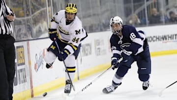Michigan forward Mark Estapa (94) battles for the puck against Penn State forward Aiden Fink (18)