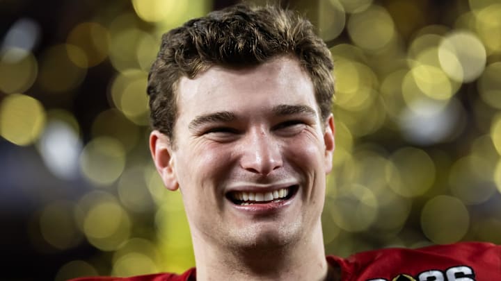 Jan 19, 2026; Miami Gardens, FL, USA; Indiana Hoosiers quarterback Fernando Mendoza (15) celebrates after defeating the Miami Hurricanes in the College Football Playoff National Championship game at Hard Rock Stadium. Mandatory Credit: Mark J. Rebilas-Imagn Images