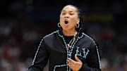 Apr 6, 2025; Tampa, FL, USA; South Carolina Gamecocks head coach Dawn Staley reacts during the first half of the national championship of the women's 2025 NCAA tournament against the Connecticut Huskies at Amalie Arena. Mandatory Credit: Nathan Ray Seebeck-Imagn Images