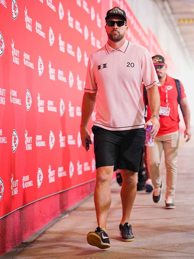 Travis Kelce arrives at Arrowhead Stadium.