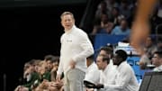 Mar 21, 2024; Charlotte, NC, USA; Colorado State Rams head coach Niko Medved reacts to the first round of the 2024 NCAA Tournament against the Texas Longhorns at Spectrum Center. Mandatory Credit: Bob Donnan-Imagn Images