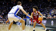 Mar 29, 2025; Newark, NJ, USA; Alabama Crimson Tide guard Mark Sears (1) handles the ball against Duke Blue Devils forward Cooper Flagg (2) during the second half in the East Regional final of the 2025 NCAA tournament at Prudential Center. Mandatory Credit: Vincent Carchietta-Imagn Images