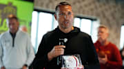 Iowa State football head coach Matt Campbell, athletic director Jamie Pollard and voice of Cyclones John Walters speak during Cyclones Tailgate Tour kickoff at Toast on May 19, 2025, in Ankeny, Iowa