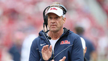 Nov 2, 2024; Fayetteville, Arkansas, USA; Ole Miss Rebels head coach Lane Kiffin in the fourth quarter against the Arkansas Razorbacks at Donald W. Reynolds Razorback Stadium. Mississippi won 63-31. Mandatory Credit: Nelson Chenault-Imagn Images