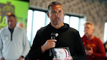 Iowa State football head coach Matt Campbell, athletic director Jamie Pollard and voice of Cyclones John Walters speak during Cyclones Tailgate Tour kickoff at Toast on May 19, 2025, in Ankeny, Iowa