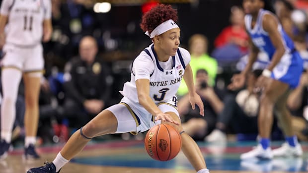 Mar 8, 2025; Greensboro, NC, USA; Notre Dame Fighting Irish guard Hannah Hidalgo (3) handles the ball during the second quart
