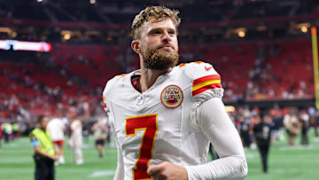 Sep 22, 2024; Atlanta, Georgia, USA; Kansas City Chiefs place kicker Harrison Butker (7) runs off the field after a victory over the Atlanta Falcons at Mercedes-Benz Stadium. Mandatory Credit: Brett Davis-Imagn Images