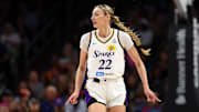 Sep 9, 2025; Phoenix, Arizona, USA; Los Angeles Sparks forward Cameron Brink (22) against the Phoenix Mercury during a WNBA game at PHX Arena. Mandatory Credit: Mark J. Rebilas-Imagn Images