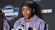 Mar 27, 2025; Spokane, WA, USA; LSU Lady Tigers guard Flau'Jae Johnson talks with media during an NCAA Tournament practice session at Spokane Arena. Mandatory Credit: James Snook-Imagn Images