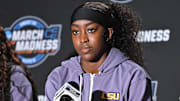 Mar 27, 2025; Spokane, WA, USA; LSU Lady Tigers guard Flau'Jae Johnson talks with media during an NCAA Tournament practice session at Spokane Arena. Mandatory Credit: James Snook-Imagn Images