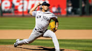 Apr 3, 2024; Phoenix, Arizona, USA; New York Yankees pitcher Jonathan Loaisiga against the Arizona Diamondbacks at Chase Field. Mandatory Credit: Mark J. Rebilas-Imagn Images