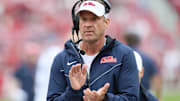 Ole Miss Rebels head coach Lane Kiffin in the fourth quarter against the Arkansas Razorbacks at Donald W. Reynolds Razorback Stadium.