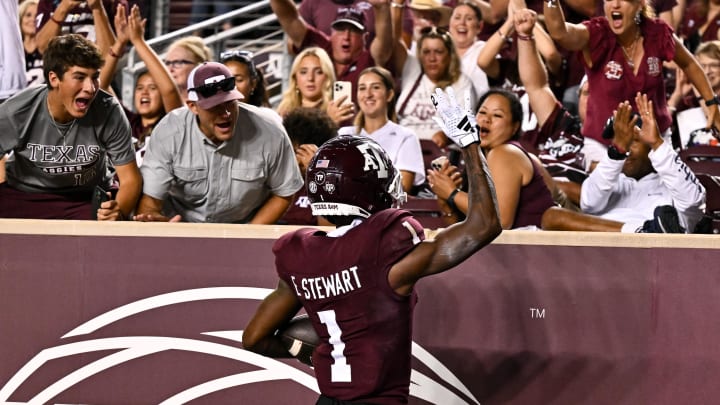 Sep 2, 2023; College Station, Texas, USA; Texas A&M Aggies wide receiver Evan Stewart (1) waves to the fans after his touchdown during the third quarter New Mexico Lobos at Kyle Field. Mandatory Credit: Maria Lysaker-USA TODAY Sports