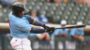 Hooks' Pedro Leon hits a home run against the Arkansas Travelers, Saturday, May 18, 2021, at Whataburger Field. The Hooks won, 10-8, in a walk-off in the tenth inning.
