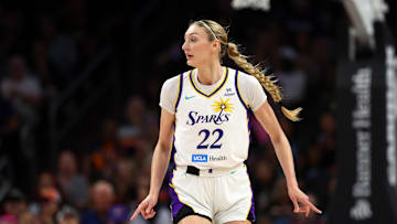 Sep 9, 2025; Phoenix, Arizona, USA; Los Angeles Sparks forward Cameron Brink (22) against the Phoenix Mercury during a WNBA game at PHX Arena. Mandatory Credit: Mark J. Rebilas-Imagn Images