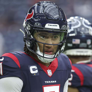 Jan 13, 2024; Houston, Texas, USA; Houston Texans quarterback C.J. Stroud (7) before a 2024 AFC wild card game against the Cleveland Browns at NRG Stadium. Mandatory Credit: Troy Taormina-USA TODAY Sports