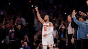 New York Knicks guard Jalen Brunson (11) celebrates his three point shot against the Boston Celtics during the fourth quarter of game six in the second round of the 2025 NBA Playoffs at Madison Square Garden.