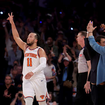 New York Knicks guard Jalen Brunson (11) celebrates his three point shot against the Boston Celtics during the fourth quarter of game six in the second round of the 2025 NBA Playoffs at Madison Square Garden.