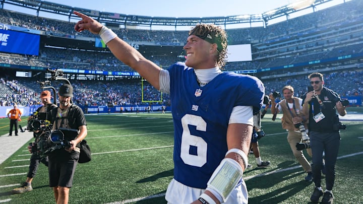 Sep 28, 2025, East Rutherford, NJ: New York Giants quarterback Jaxson Dart after defeating the Los Angeles Chargers at MetLife Stadium