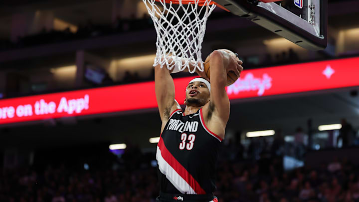 Oct 13, 2024; Sacramento, California, USA; Portland Trail Blazers forward Toumani Camara (33) dunks the ball during the second quarter against the Sacramento Kings at Golden 1 Center. Mandatory Credit: Sergio Estrada-Imagn Images
