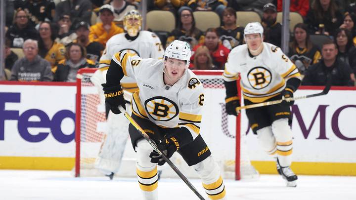Mar 8, 2026; Pittsburgh, Pennsylvania, USA;  Boston Bruins defenseman Mason Lohrei (6) skates up ice with the puck against the Pittsburgh Penguins during the third period at PPG Paints Arena. Mandatory Credit: Charles LeClaire-Imagn Images
