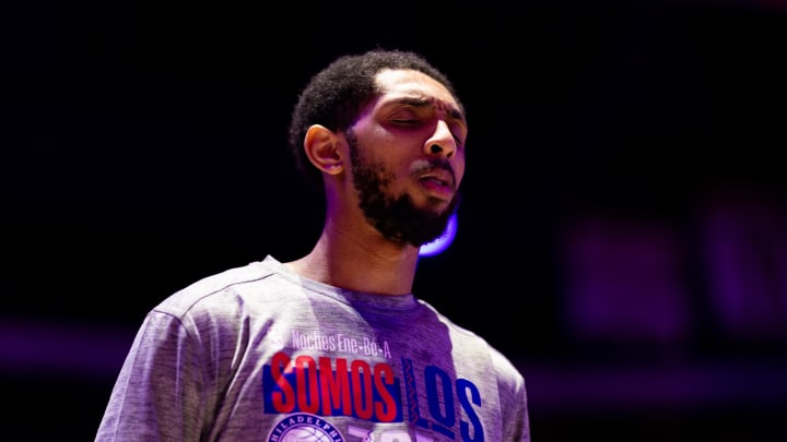 Mar 6, 2024; Philadelphia, Pennsylvania, USA; Philadelphia 76ers guard Cameron Payne (22) stands for the anthem before action against the Memphis Grizzlies at Wells Fargo Center. Mandatory Credit: Bill Streicher-USA TODAY Sports
