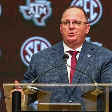 Jul 17, 2025; Atlanta, GA, USA; Texas A&M Aggies head coach Mike Elko talks to the media during the SEC Media Days at Omni Atlanta Hotel. Mandatory Credit: Jordan Godfree-Imagn Images