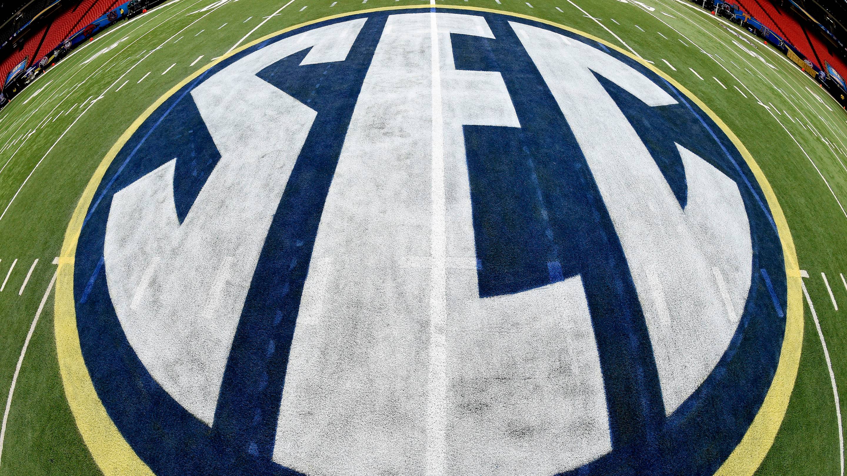 The SEC logo on the playing field at the Georgia Dome in preparation for the SEC Championship between the Alabama Crimson Tide and the Florida Gators.