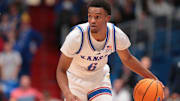 Kansas Jayhawks guard Rylan Griffen (6) runs a route during the second half of the game against North Carolina-Wilmington Seahawks inside Allen Fieldhouse Tuesday, Nov. 19, 2024.