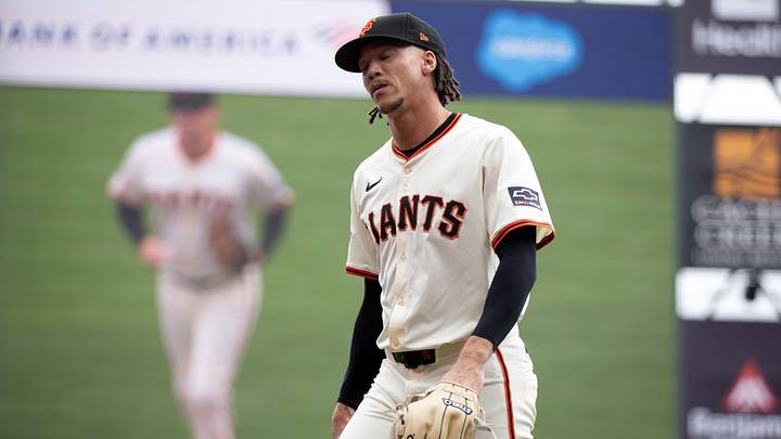 Sep 10, 2025; San Francisco, California, USA; San Francisco Giants pitcher Spencer Bivens (76) walks off the field after relieving starter Carson Seymour (not pictured) takes the field against the Arizona Diamondbacks during the second inning at Oracle Park. Mandatory Credit: D. Ross Cameron-Imagn Images
