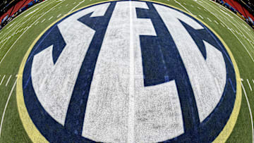 Dec 4, 2015; Atlanta, GA, USA; The SEC logo on the playing field at the Georgia Dome in preparation for the SEC Championship between the Alabama Crimson Tide and the Florida Gators Saturday. Mandatory Credit: John David Mercer-Imagn Images