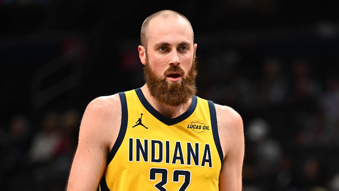 Feb 19, 2026; Washington, District of Columbia, USA; Indiana Pacers center Jay Huff (32) looks on against the Washington Wizards during the first half at Capital One Arena. Mandatory Credit: Brad Mills-Imagn Images