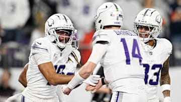 Minnesota Vikings wide receiver and quarterback Sam Darnold celebrate against the Chicago Bears