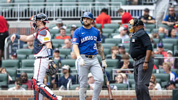 Sep 29, 2024; Cumberland, Georgia, USA; Kansas City Royals outfielder Kyle Isbel (28) reacts to his strikeout against Atlanta Braves during the second inning at Truist Park. Mandatory Credit: Jordan Godfree-Imagn Images
