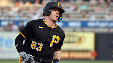 Mar 15, 2024; Tampa, Florida, USA; Pittsburgh Pirates infielder Jack Brannigan (83) runs thes base afterhitting a home run during the third inning against the New York Yankees at George M. Steinbrenner Field. Mandatory Credit: Kim Klement Neitzel-Imagn Images