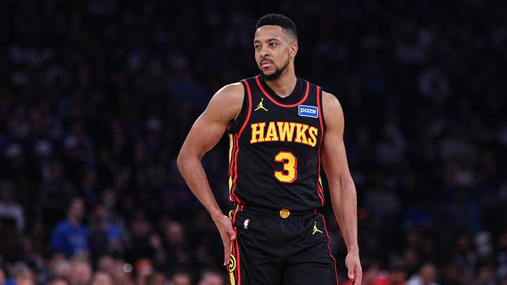Apr 18, 2026; New York, New York, USA; Atlanta Hawks guard CJ McCollum (3). Mandatory Credit: Vincent Carchietta-Imagn Images