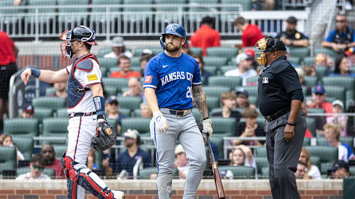 Sep 29, 2024; Cumberland, Georgia, USA; Kansas City Royals outfielder Kyle Isbel (28) reacts to his strikeout against Atlanta Braves during the second inning at Truist Park. Mandatory Credit: Jordan Godfree-Imagn Images