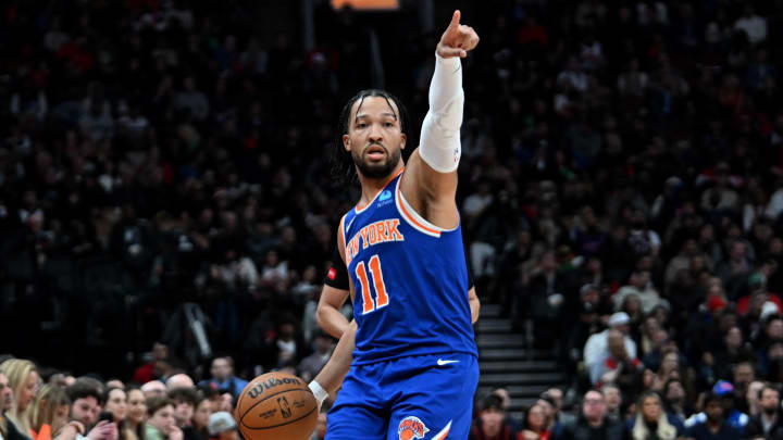 Mar 27, 2024; Toronto, Ontario, CAN;  New York Knicks guard Jalen Brunson (11) gestures as he directs play against the Toronto Raptors in the first half at Scotiabank Arena. Mandatory Credit: Dan Hamilton-USA TODAY Sports