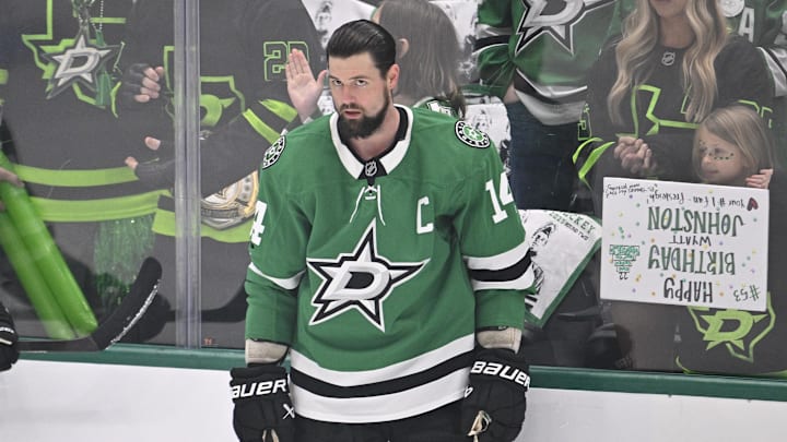 Jamie Benn warms up before a playoff game against the Jets. Jamie Benn warms up before a playoff game against the Jets.
