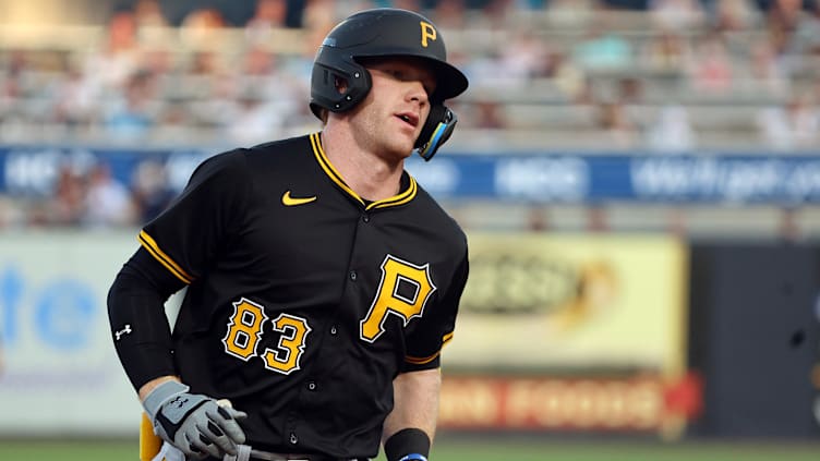 Mar 15, 2024; Tampa, Florida, USA; Pittsburgh Pirates infielder Jack Brannigan (83) runs thes base afterhitting a home run during the third inning against the New York Yankees at George M. Steinbrenner Field. Mandatory Credit: Kim Klement Neitzel-Imagn Images