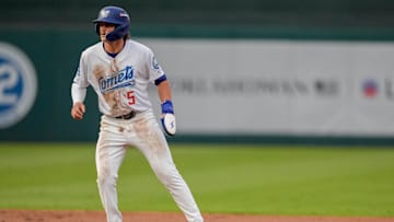 Oklahoma City infielder Alex Freeland (5) leads off second base during the home opener Minor League baseball game between the Oklahoma City Comets and the El Paso Chihuahuas at Chickasaw Bricktown Ballpark in Oklahoma City on Tuesday, April 1, 2025.