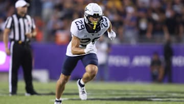 Sep 30, 2023; Fort Worth, Texas, USA; West Virginia Mountaineers wide receiver Preston Fox (29) runs a pass pattern in the first quarter against the TCU Horned Frogs at Amon G. Carter Stadium. Mandatory Credit: Tim Heitman-Imagn Images