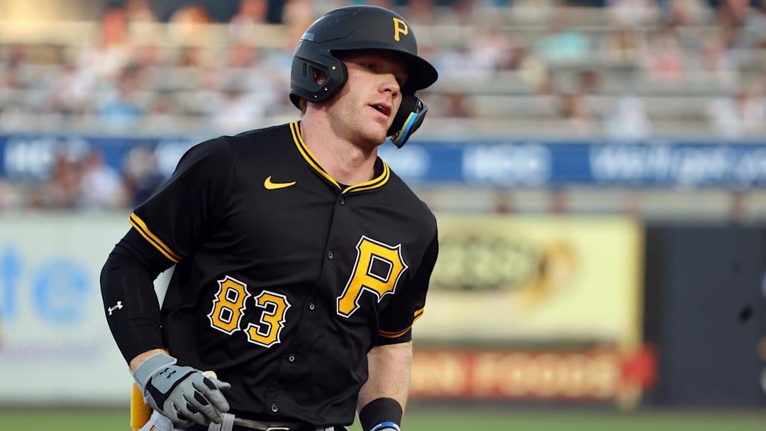 Mar 15, 2024; Tampa, Florida, USA; Pittsburgh Pirates infielder Jack Brannigan (83) runs thes base afterhitting a home run during the third inning against the New York Yankees at George M. Steinbrenner Field. Mandatory Credit: Kim Klement Neitzel-Imagn Images